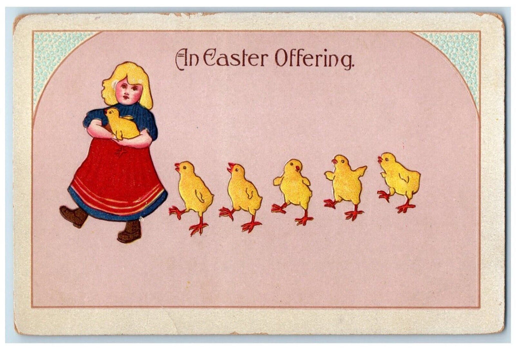 c1910's Easter Offering Girl With Chicks Embossed Unposted Antique Postcard