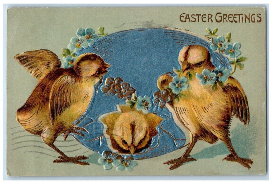1913 Easter Greetings Giant Egg Chicks Pansies Flowers Embossed Antique Postcard