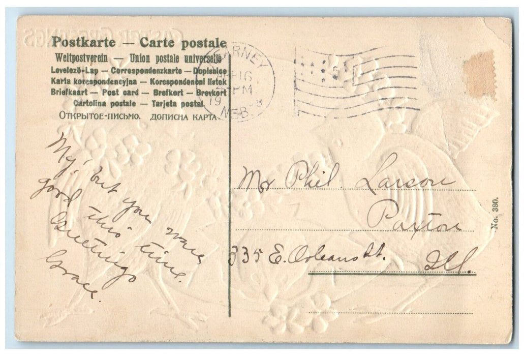 1913 Easter Greetings Giant Egg Chicks Pansies Flowers Embossed Antique Postcard