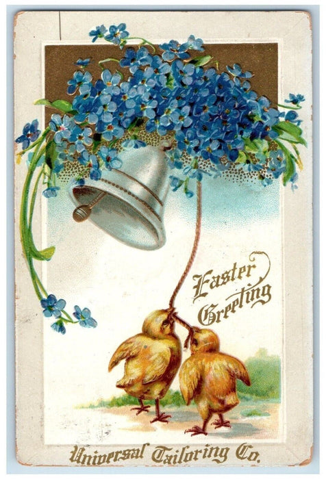 1909 Easter Greetings Chicks Ringing Bell Pansies Flowers Embossed Postcard