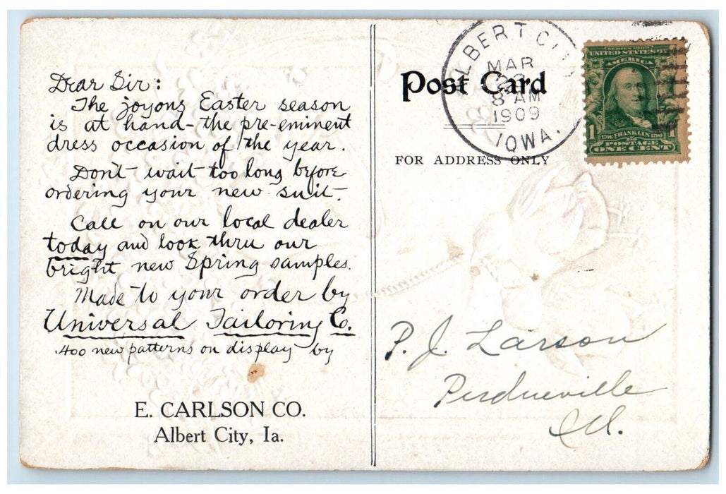 1909 Easter Greetings Chicks Ringing Bell Pansies Flowers Embossed Postcard