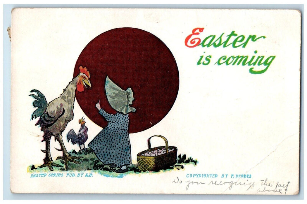 1910 Easter Anthropomorphic Rooster Girl Basket Of Eggs Embossed Posted Postcard