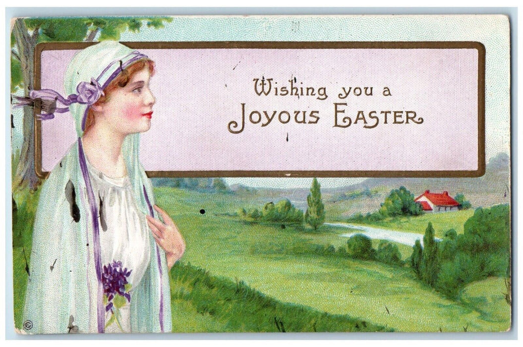 c1910's Joyous Easter Pretty Girl Pansies House River View Embossed Postcard