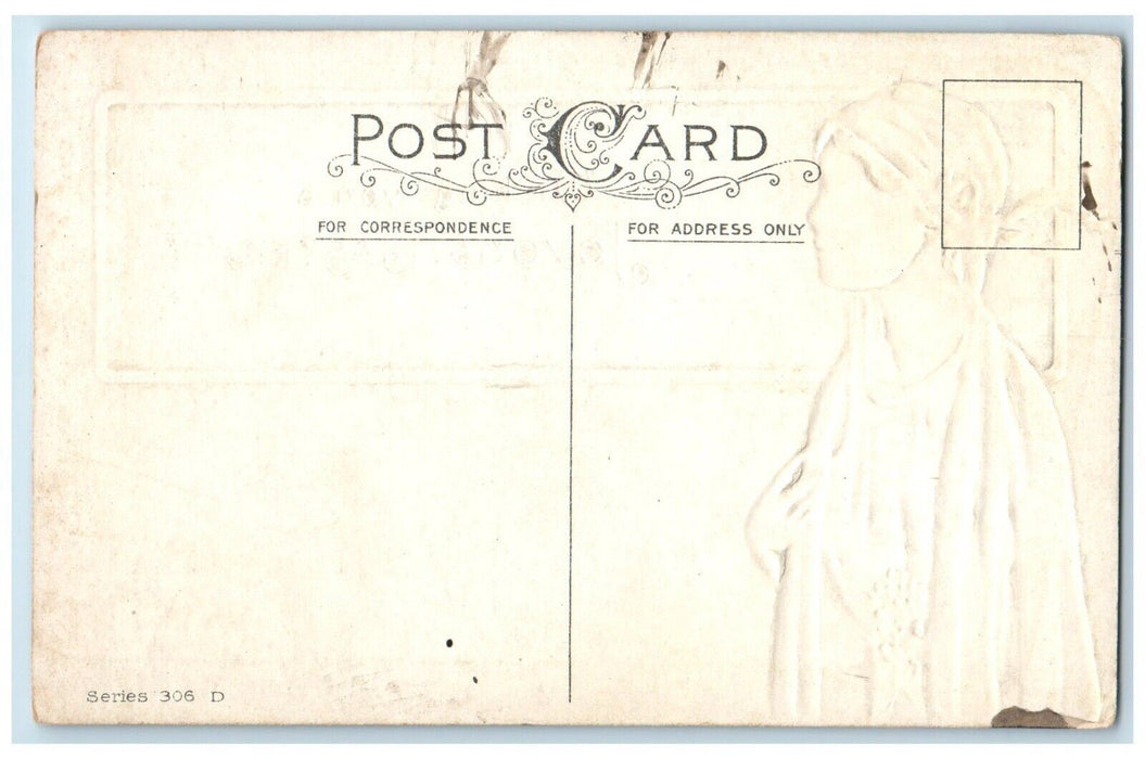 c1910's Joyous Easter Pretty Girl Pansies House River View Embossed Postcard