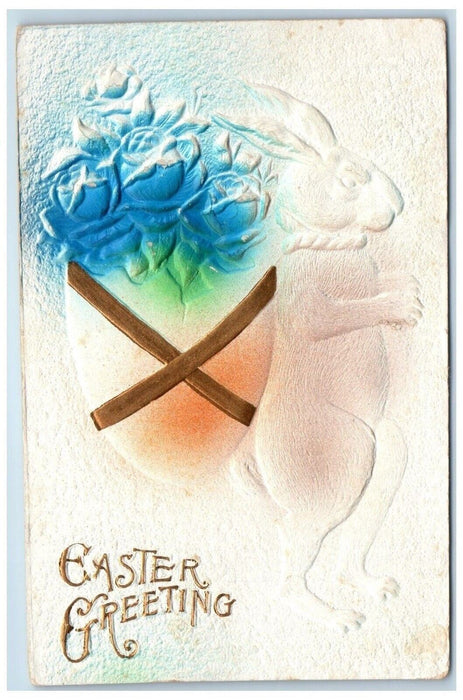 1913 Easter Greetings Rabbit Carry Hatched Egg Flowers Airbrushed Postcard