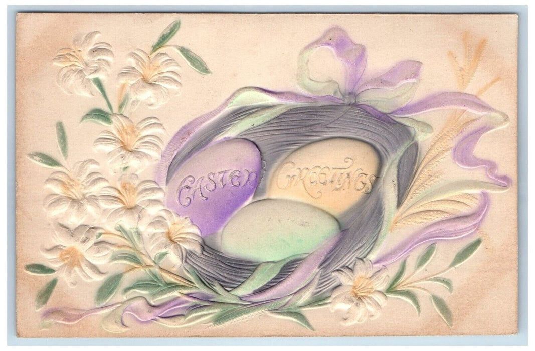 c1910's Easter Greetings Egg Nest White Lily Flowers Airbrushed Antique Postcard