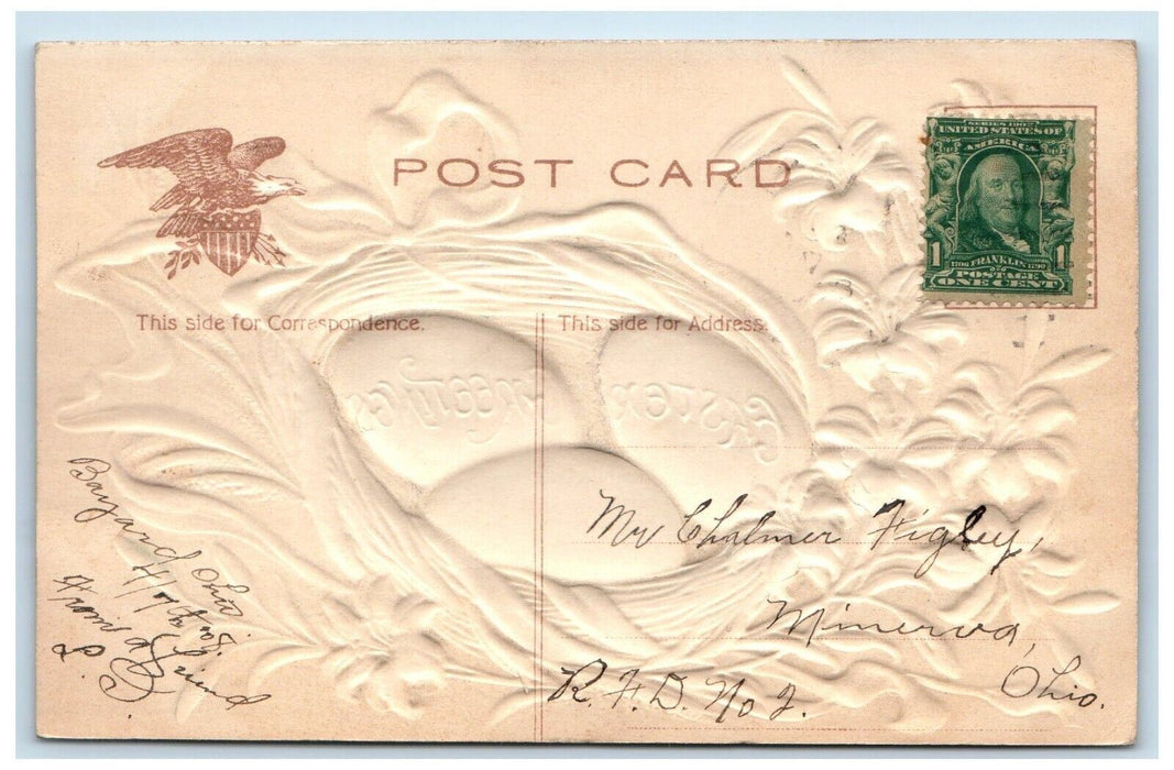 c1910's Easter Greetings Egg Nest White Lily Flowers Airbrushed Antique Postcard