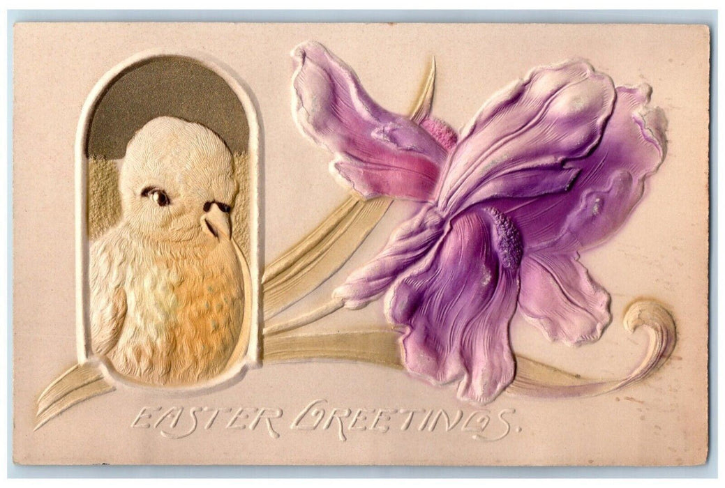 c1910's Easter Greetings Chick Flowers Airbrushed Unposted Antique Postcard