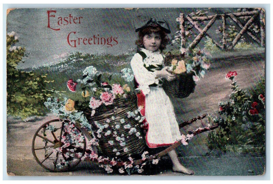 1908 Easter Greetings Girl Cart Basket Chicks Flowers Poplar Bluff MO Postcard