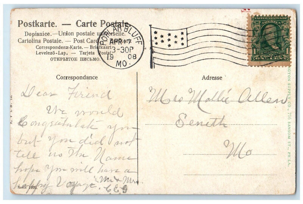 1908 Easter Greetings Girl Cart Basket Chicks Flowers Poplar Bluff MO Postcard