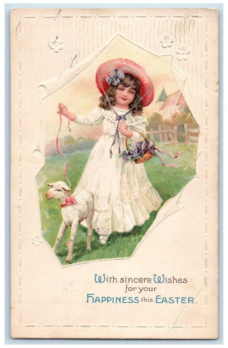 1916 Easter Pretty Girl Goat Pansies Flowers Basket Embossed Antique Postcard