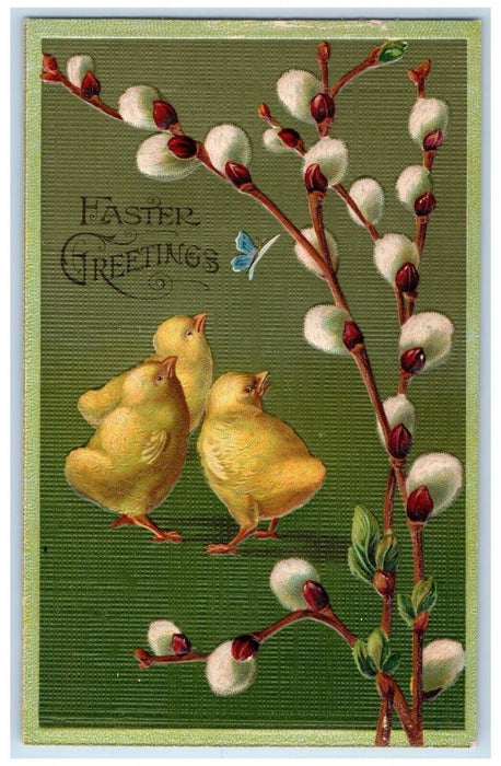 c1910's Easter Greetings Chicks Butterfly Flowers Embossed Antique Postcard