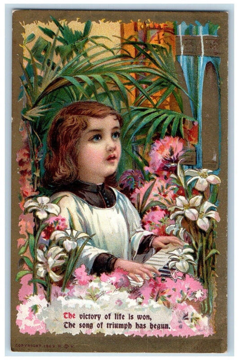 c1910's Easter Girl Playing Organ White Lily Flowers Unposted Antique Postcard