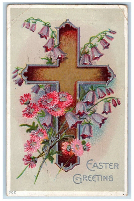 1912 Easter Greeting Silver Cross Purple Flowers Embossed Antique Postcard