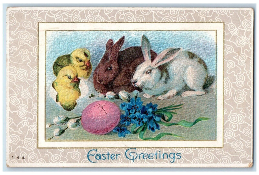 1912 Easter Greetings Bunny Rabbit Chicks Cracked Egg Pansies Flowers Postcard