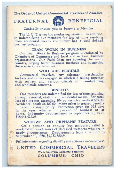 c1930 United Commercial Travelers Columbus International Headquarters Postcard