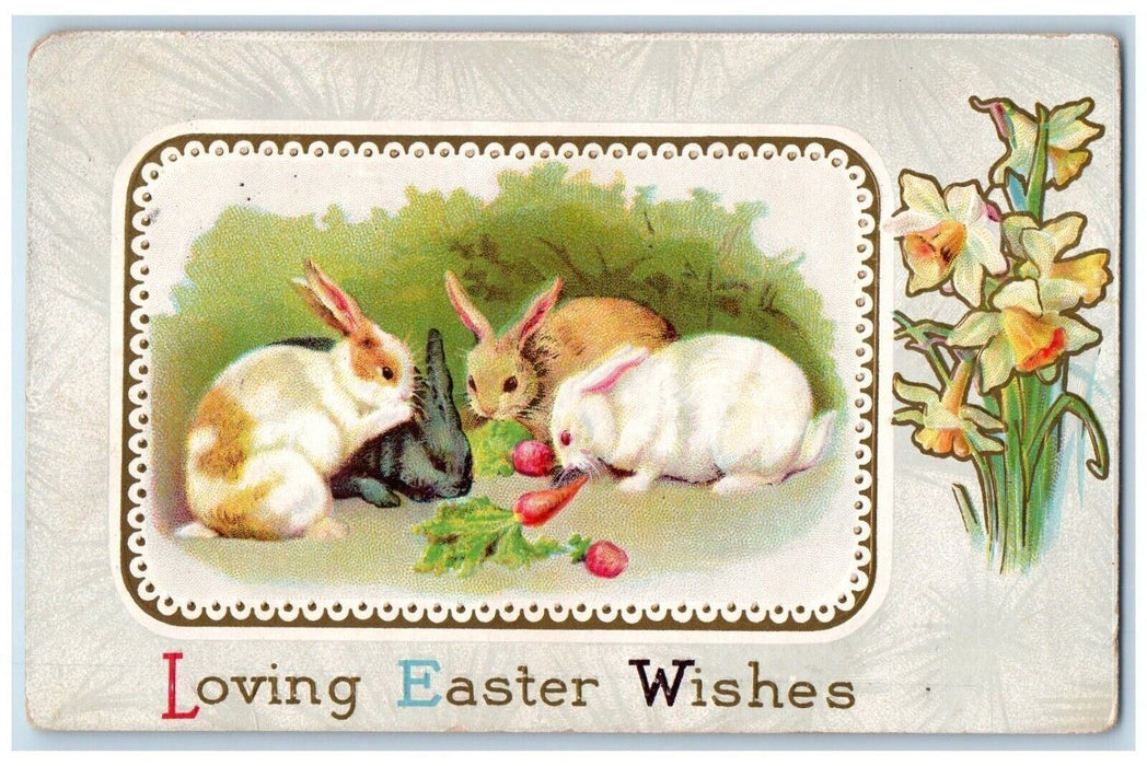 1912 Easter Wishes Bunny Rabbits Onion Carrots Yellow Flowers Embossed Postcard