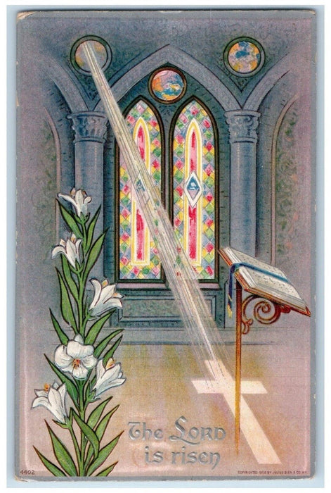 c1910's Easter Church Stained Glass Lily Flowers Embossed Antique Postcard
