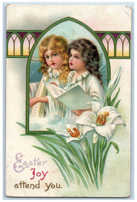 c1910's Easter Joy Girls Choir Lily Flowers Embossed Posted Antique Postcard