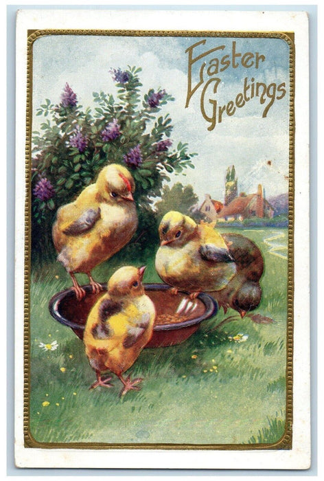 1913 Easter Greetings Chicks Bowl Flowers Embossed Posted Antique Postcard