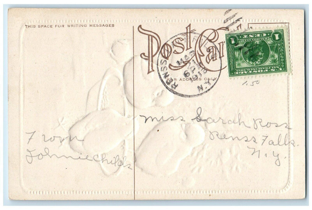 1913 Easter Greetings Chicks Bowl Flowers Embossed Posted Antique Postcard