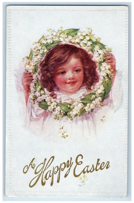 1913 Happy Easter Cute Little Girl Flowers Embossed Posted Antique Postcard