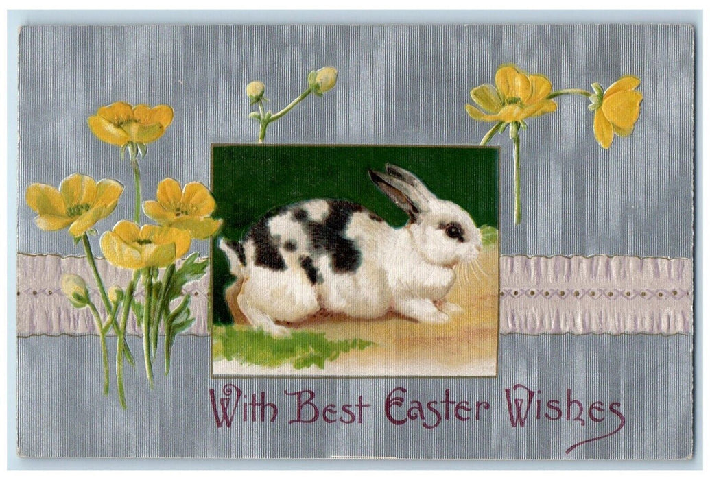 c1910's Easter Wishes Bunny Rabbit Flowers Winsch Back Embossed Antique Postcard