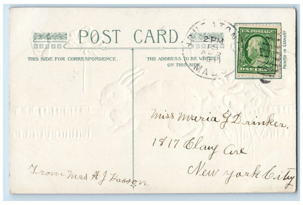 c1910's Easter Wishes Bunny Rabbit Flowers Winsch Back Embossed Antique Postcard