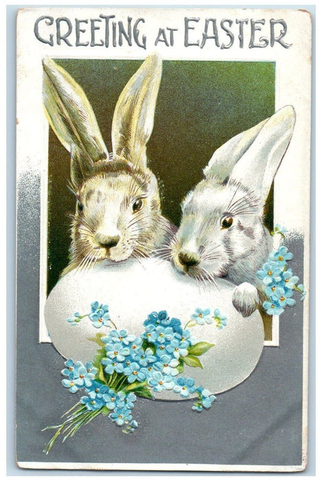 c1910's Easter Greeting Bunny Rabbit Pansies Flowers Embossed Antique Postcard