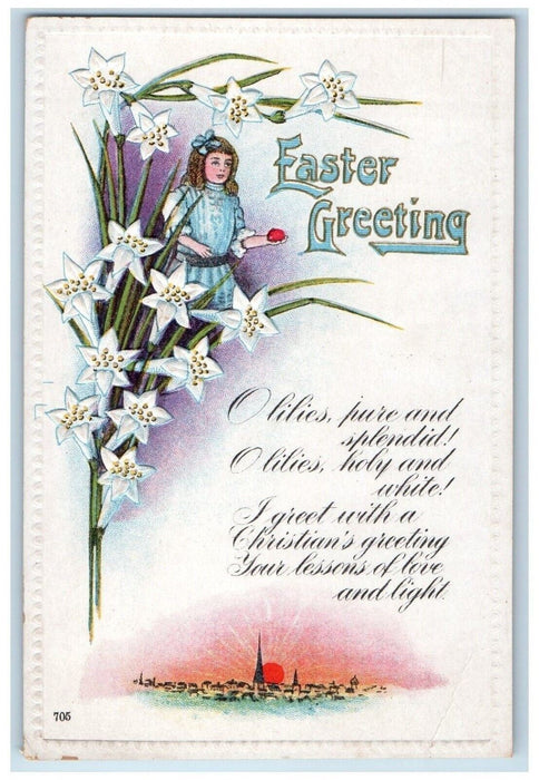 c1910's Easter Greeting Girl Flowers Sunset Embossed Unposted Antique Postcard