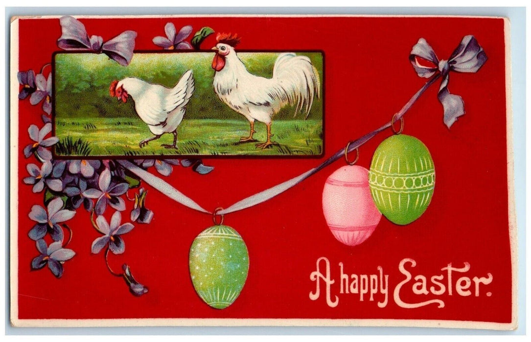c1910's Easter Eggs Chicken Hen Pansies Flowers Gel Posted Antique Postcard