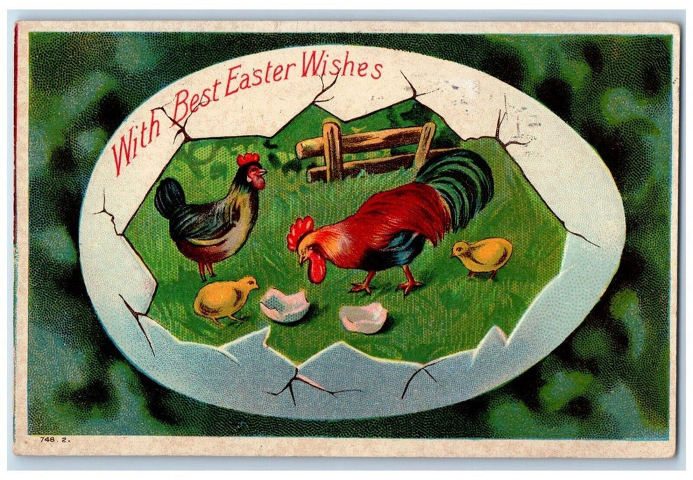 1917 Easter Wishes Hatched Egg Rooster Chicken Chicks Embossed Antique Postcard