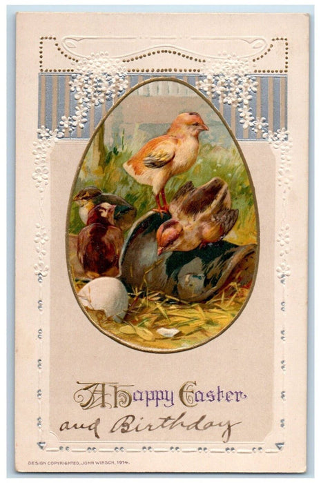 c1910's Easter Hatched Egg Chicks Flowers Winsch Back Embossed Posted Postcard