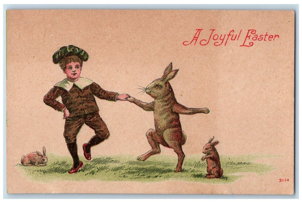 c1910's Easter Boy And Anthropomorphic Bunny Rabbit Dancing Antique Postcard