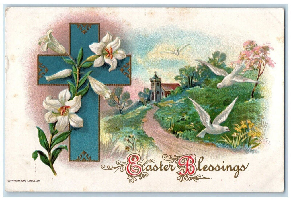 1910 Easter Blessings Holly Cross Birds Lily Flowers Embossed Posted Postcard