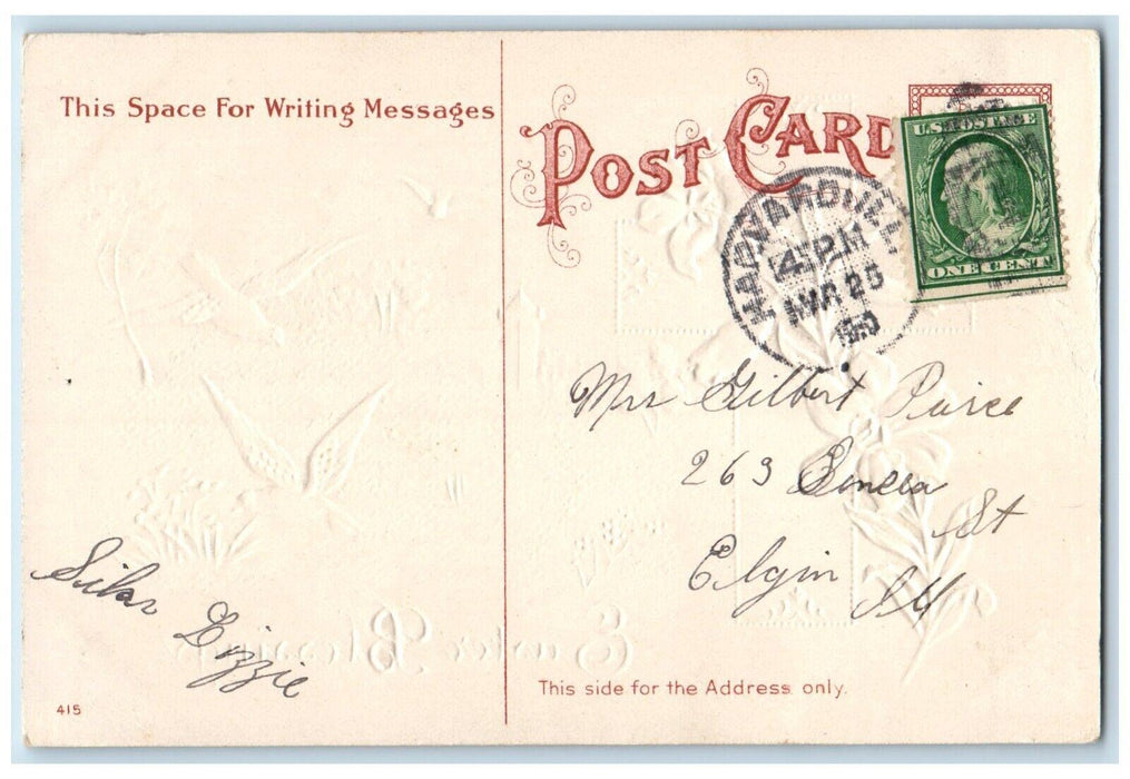 1910 Easter Blessings Holly Cross Birds Lily Flowers Embossed Posted Postcard