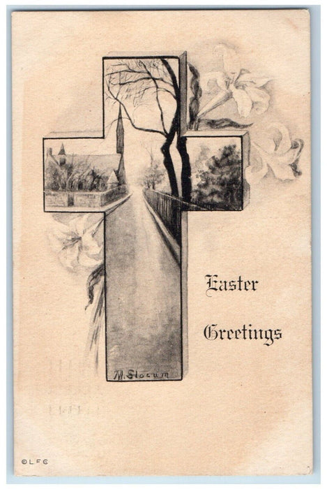 1914 Easter Greetings Cross Lily Flowers Chicago Illinois IL Antique Postcard