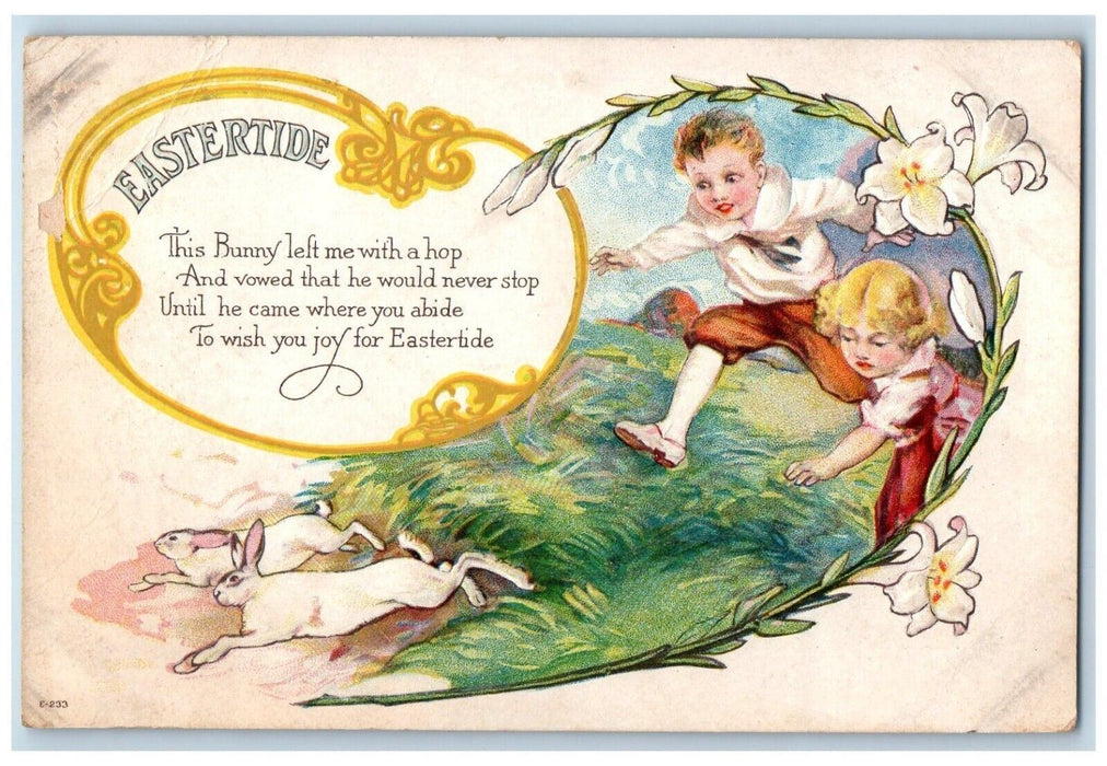 c1910's Easter Children Chasing Bunny Rabbit Embossed Posted Antique Postcard