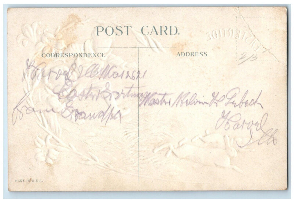 c1910's Easter Children Chasing Bunny Rabbit Embossed Posted Antique Postcard