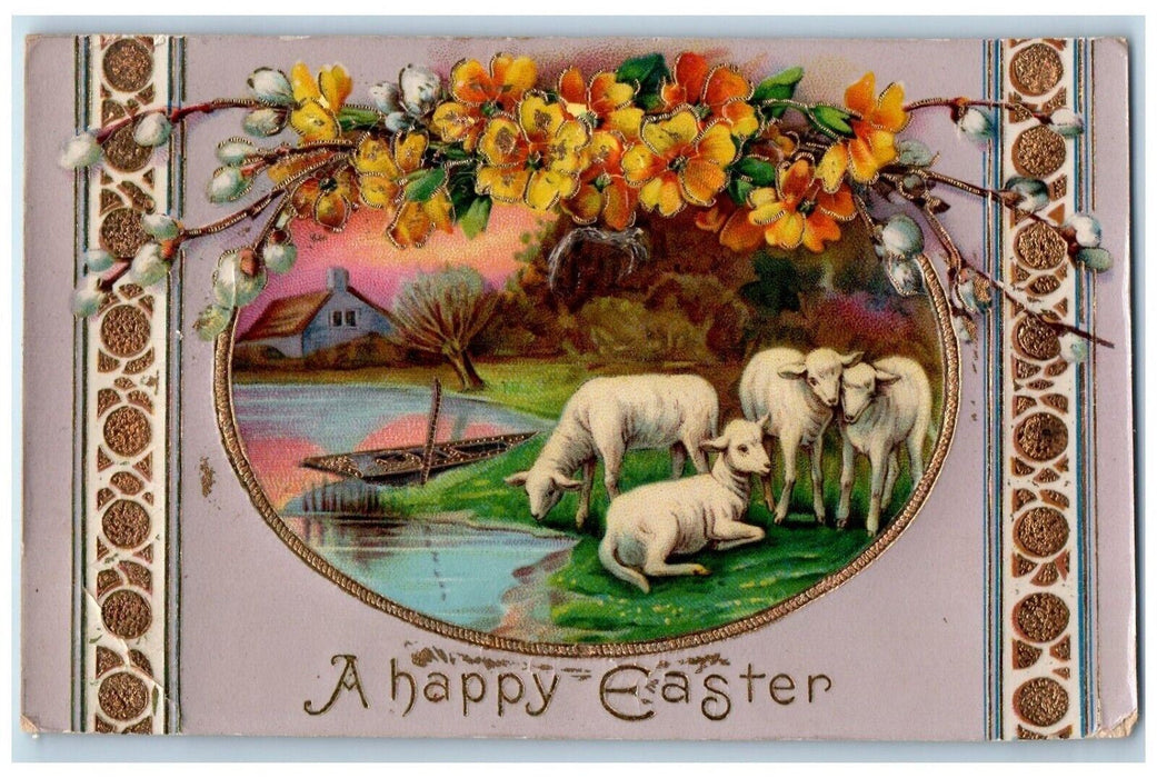 1912 Happy Easter Lamb River Boat Flowers Gel Gold Gilt Cleveland OH Postcard