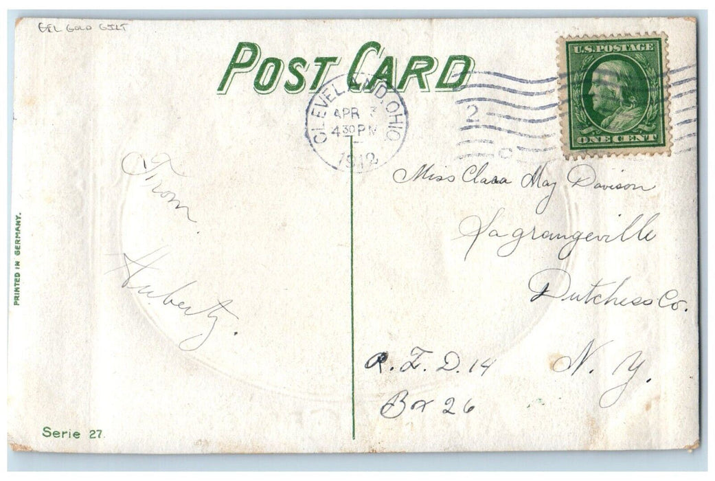 1912 Happy Easter Lamb River Boat Flowers Gel Gold Gilt Cleveland OH Postcard