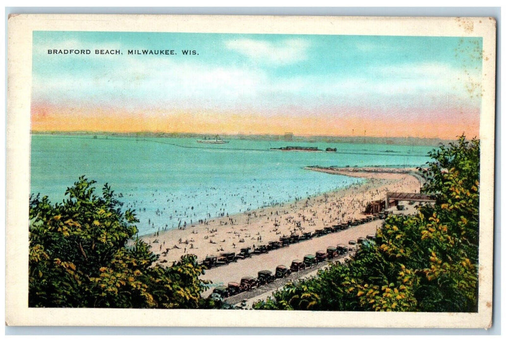 c1940 Bradford Beach Swimming Scene Sand Swim Suit Milwaukee Wisconsin Postcard