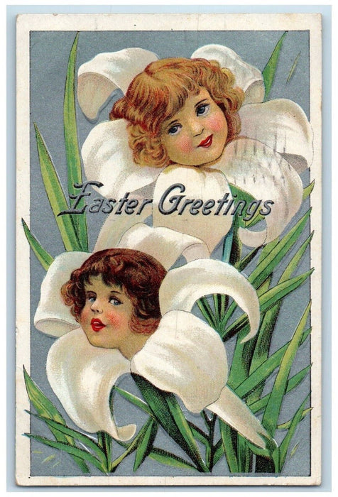 1910 Easter Greetings Lily Flowers Head Embossed Carthage NY Antique Postcard
