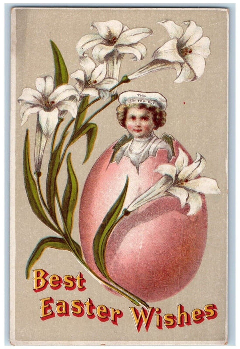 c1910's Easter Wishes Hatched Egg White Lily Flowers Unposted Antique Postcard