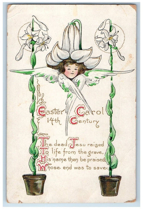 1910 Easter Poem Lily Flowers Head Pot Embossed Caledonia MI Antique Postcard
