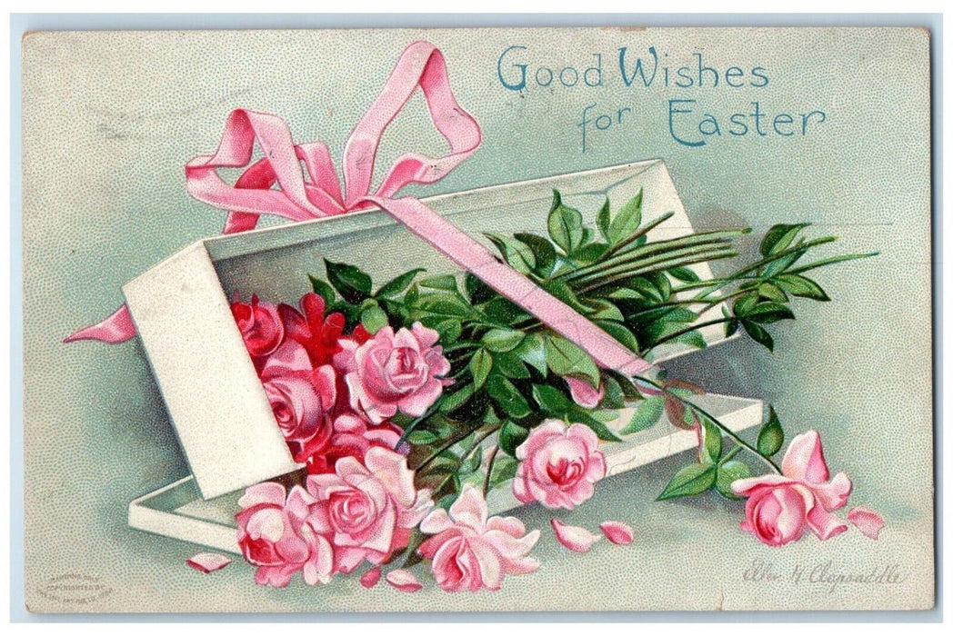 1910 Easter Pink Flowers In Box Ellen Clapsaddle Embossed Antique Postcard