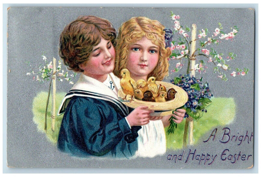 1908 Easter Children Hat Chicks Pansies Flowers Embossed Tuck's Antique Postcard
