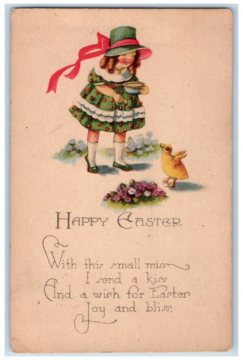 c1910's Happy Easter Girl Feed Chicks Pansies Flowers Posted Antique Postcard