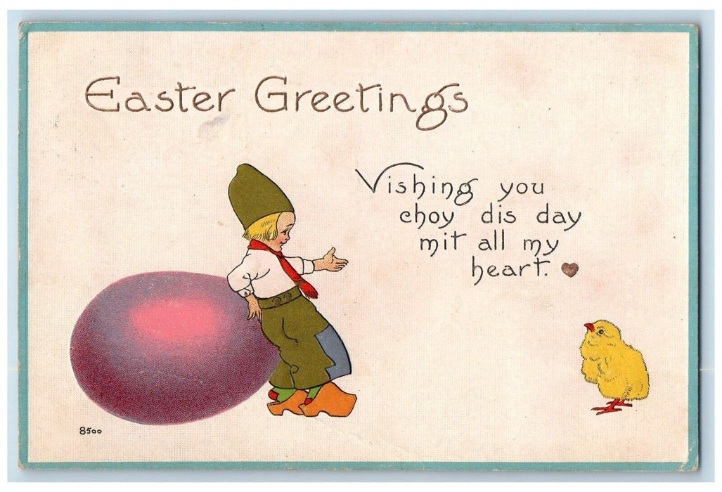 1914 Easter Greetings Dutch Boy Giant Egg Chick Wheatfield Virginia VA Postcard