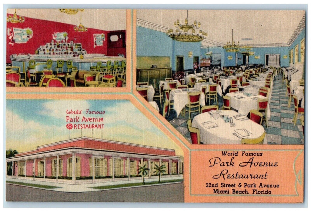 c1940 World Famous Park Avenue Restaurant Street Park Miami Florida FL Postcard
